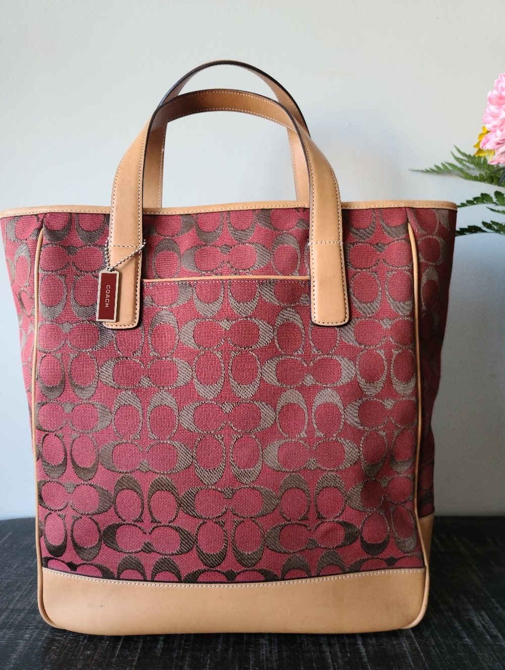 Coach Signature Red Jacquard & Tan Vachetta Leather Tote Bag #6093